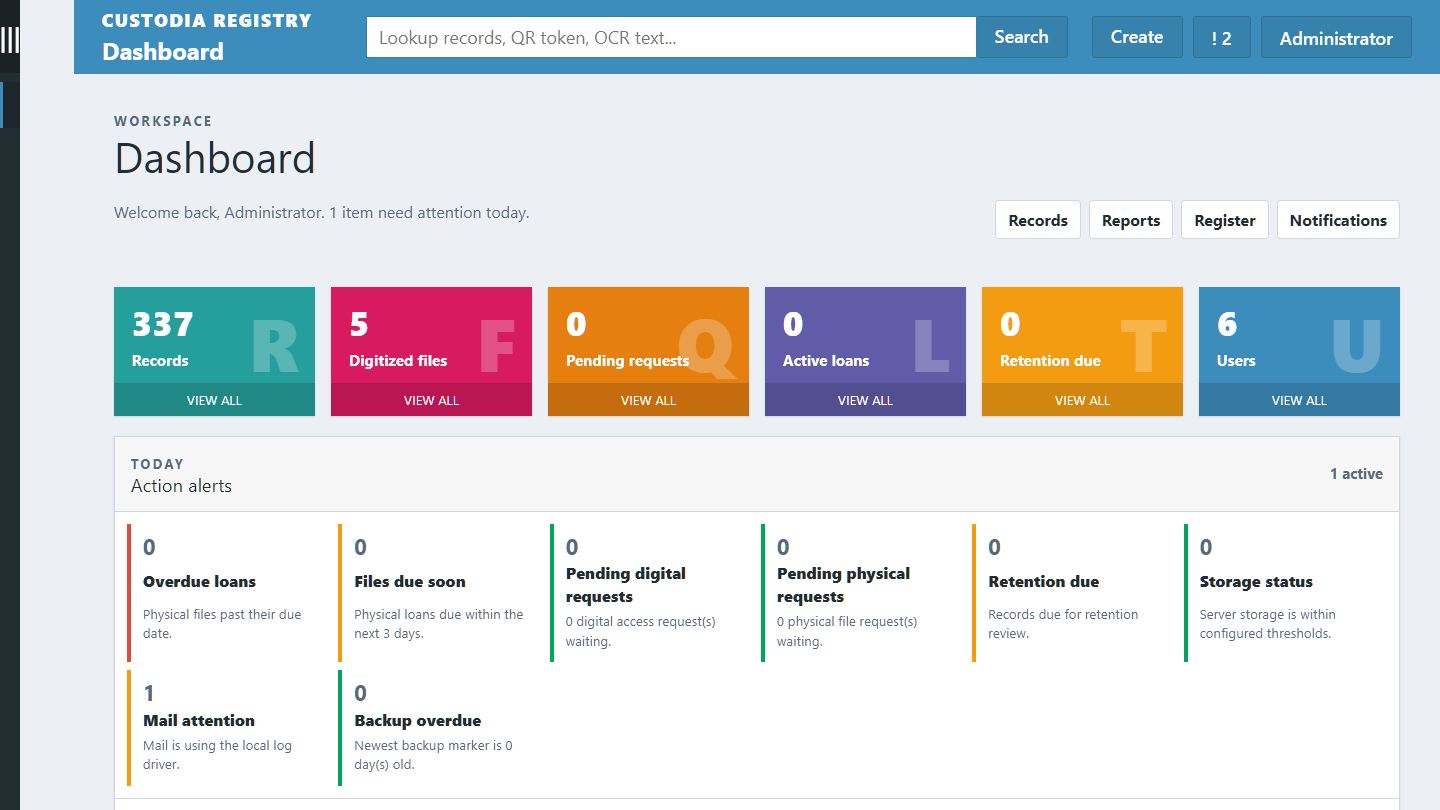 Custodia Registry dashboard showing records, loans, requests, retention, and reporting
